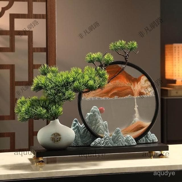 漫生活新中式流沙畫 迎客鬆 發財樹 招財擺飾 入厝禮物 客廳擺飾 喬遷禮品 玄關擺件 居傢裝飾 交換禮物