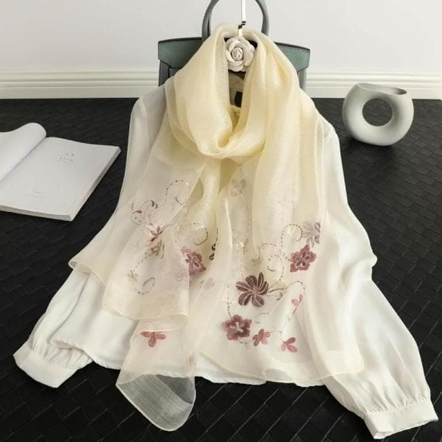 【巴黎精品】現貨+預購 絲質絲巾羊毛圍巾-薄款繡花紗巾絲滑女配件9色a1gt28
