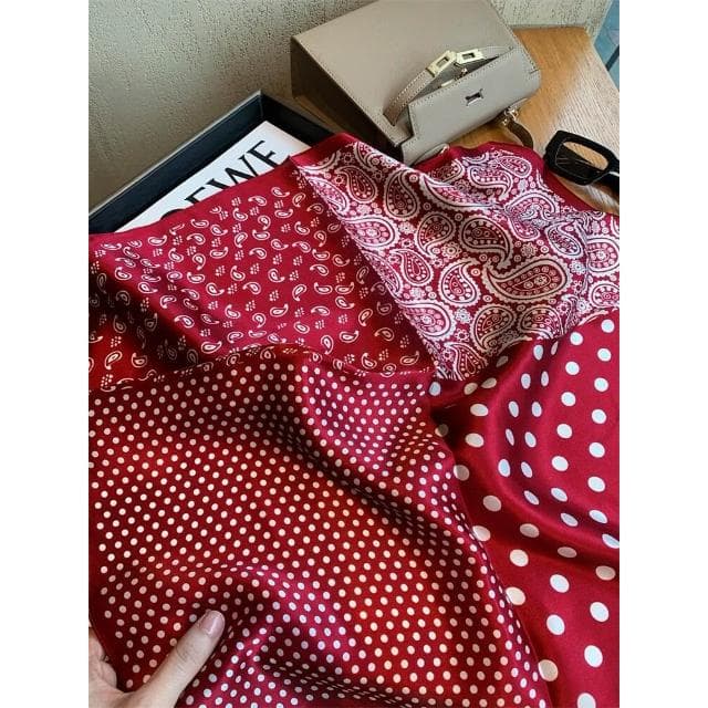 梵花 韓版紅色波點100%桑蠶絲絲巾女春秋百搭真絲小方巾裝飾領巾圍巾