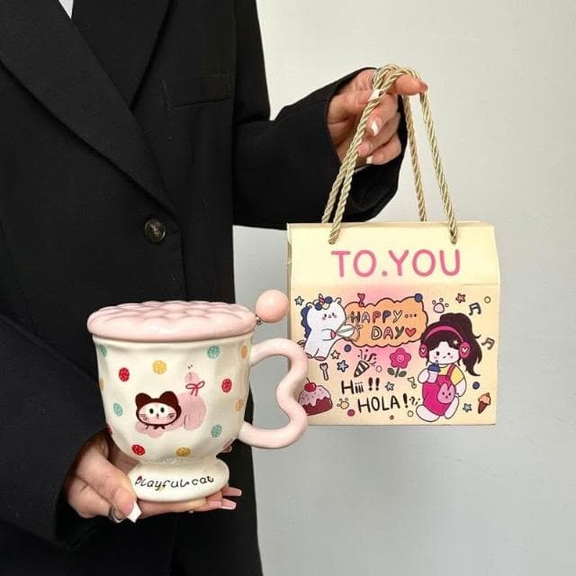漫生活生日禮物送女生創意可愛波點小狗陶瓷馬克杯帶蓋勺高顔值實用禮品