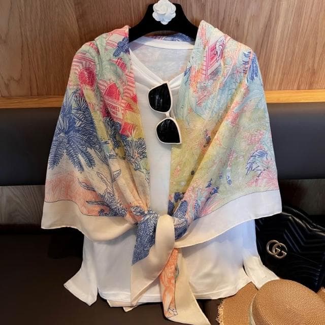 梵花 春夏新款女薄棉麻大方巾彩色圍巾出遊拍照外搭高級空調房披肩