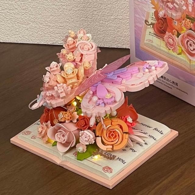蝴蝶積木永生花成人小顆粒拼裝玩具生日蛋糕送生日禮物