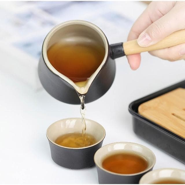 陶瓷側把壺旅行茶具套組 /附收納包(泡茶杯 旅行泡茶 茶杯 茶器套裝組)