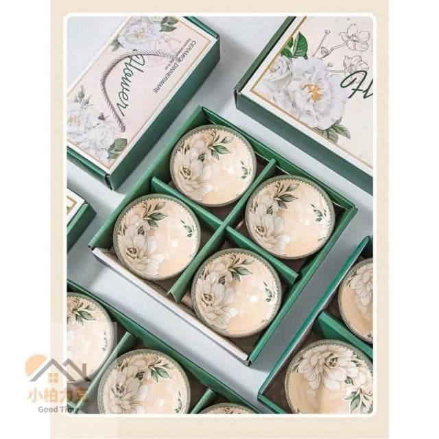 《小柏力克》 山茶花四碗四筷 陶瓷碗禮盒 陶瓷碗 商務送禮 典雅大方 碗筷 餐具 禮品 入厝禮 交換禮物 碗 筷