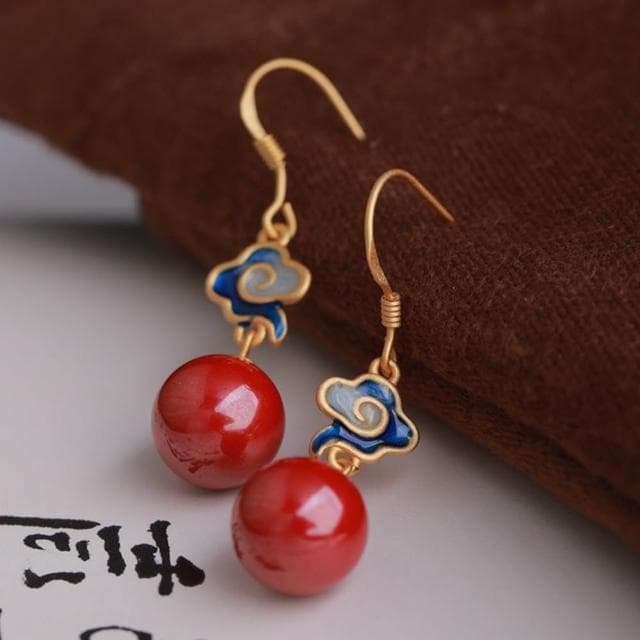 【MoonDy】飾品 耳環 女生耳環 朱砂耳環 純銀耳還 S925 宮廷風 新中式 蓮花耳環 大圓耳環 抗過敏 耳飾 