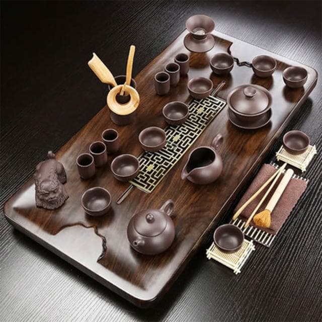 21件組實木茶盤陶瓷黑紫砂茶具
