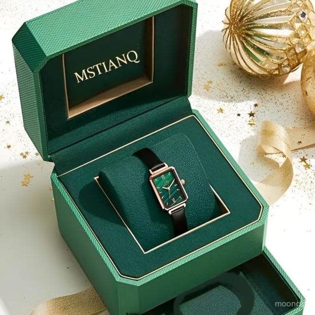 偉偉錶錶 ins風女士手錶女款防水方形女輕奢小衆氣質高級高配版小石英綠錶