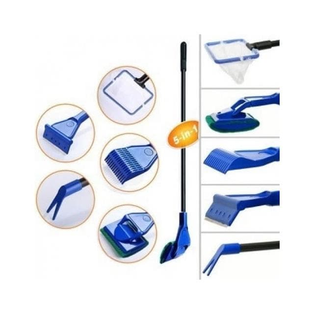 魚缸刷長柄五合一清潔套裝｜魚缸清潔工具｜水族清潔工具｜撈魚網｜刮藻刀｜水草夾