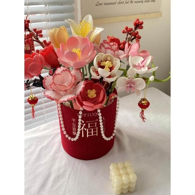 中國積木永生花束玫瑰抱抱桶拼裝送男生女孩生日禮物拼圖成人版