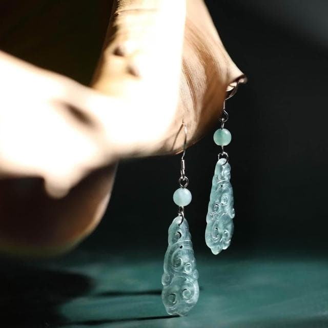 【LEESA】翡翠耳環\如意耳環\耳環\耳勾\垂墜耳環\純銀耳還\玉耳環\藍水\冰種玉石\古風耳環\耳墜\耳飾\保平安\禮物