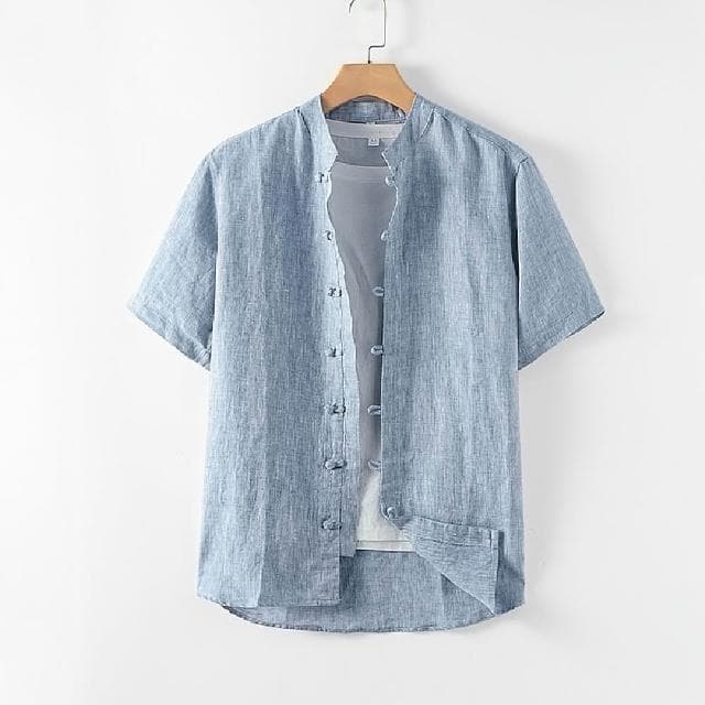 【米蘭精品】父親節禮物 現貨+預購 亞麻襯衫短袖上衣中式立領復古盤扣男上衣3色74ev1