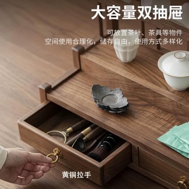 杯架 置物架 黑胡桃木茶具 收納架 實木中式博古架茶杯架 雙層桌面帶輪子置物架