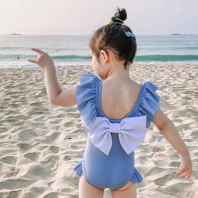 【Arbea】泳衣女連體女童比基尼可愛速乾露背蝴蝶結兒童游泳衣韓版 C125