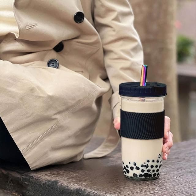防滑隔熱飲料杯 700ml-黑色含吸管 (環保杯/珍奶杯/玻璃杯/隨行杯/手搖杯/梅森罐/梅森杯)