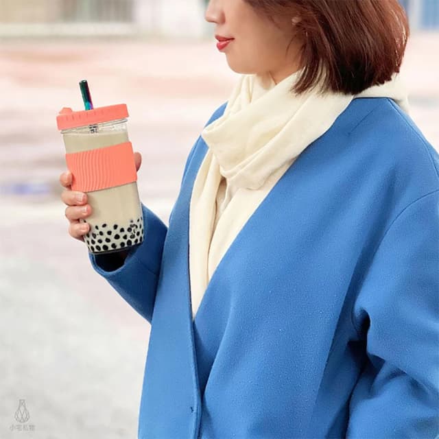 防滑隔熱飲料杯 700ml-粉紅含吸管 (環保杯/珍奶杯/玻璃杯/隨行杯/手搖杯/梅森罐/梅森杯)