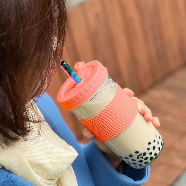 防滑隔熱飲料杯 700ml-粉紅含吸管 (環保杯/珍奶杯/玻璃杯/隨行杯/手搖杯/梅森罐/梅森杯)