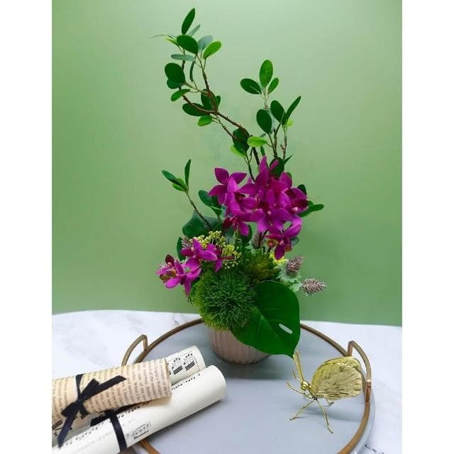 【HUGO DECO 榆果傢飾】雅緻桃紅蝴蝶蘭榕枝香氛花禮(擬真植物/人造盆栽/綠化/佈置/禮物)