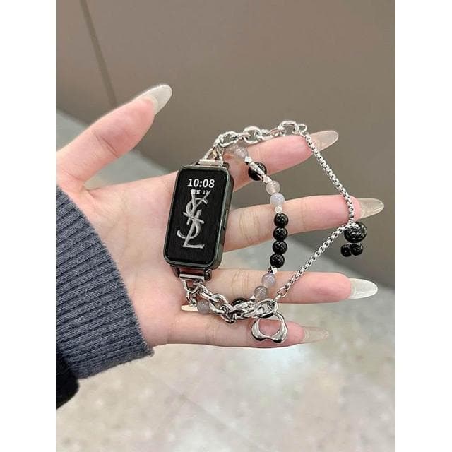 適用於華為小米手機智能手環女款運動多功能珍珠手鍊心率消息提醒