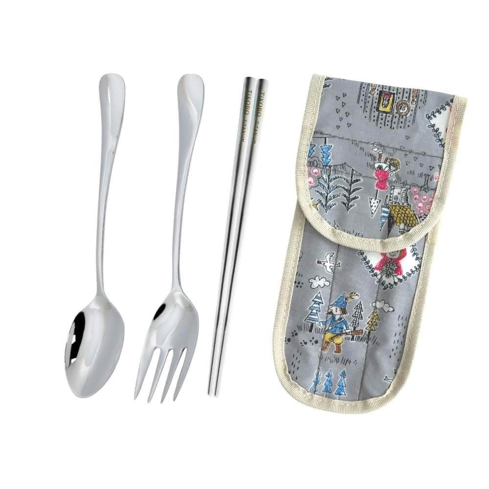 【TiKOBO 鈦工坊】純鈦湯叉筷3件組 附收納袋 含湯匙+叉子+筷子19cm ( 環保餐具 飯匙 水果叉 空心筷 方形筷 非不鏽鋼 )