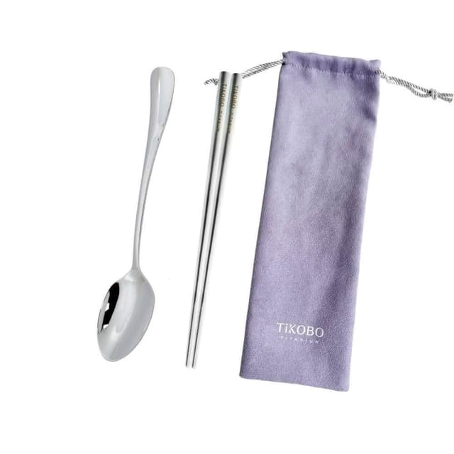 【TiKOBO 鈦工坊】純鈦湯叉筷2件組 附絨布套 含純鈦湯匙／純鈦叉子+純鈦防燙空心筷19cm  環保餐具 非不鏽鋼 無化學塗層