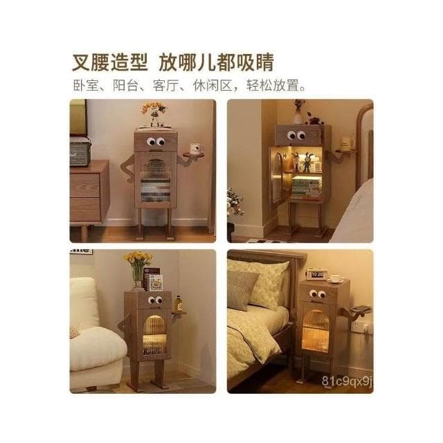 免運 創意木質家具 喬遷禮物 冬木機器人床頭櫃帶燈全實木邊幾側邊櫃客廳電視置物櫃創意床頭櫃 大眼睛叉腰床頭櫃 木邊幾