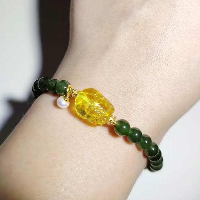 【Paiya 派亞】天然6mm菠菜綠和田玉金珀貔貅單圈手串手鏈少黑點