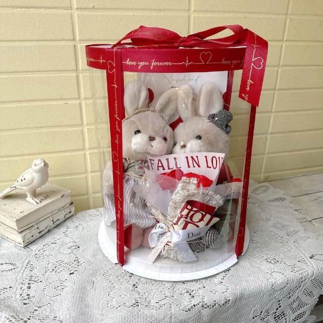 喜滋滋花藝情侶鄉村兔香氛小花束禮盒(生日禮物/情人節禮物/告白禮物)