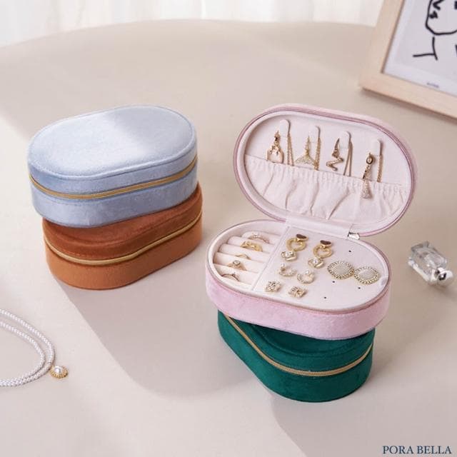 【Porabella】絨布橢圓首飾盒 便攜式絨布飾品收納盒｜單層拉鍊設計｜耳環戒指項鍊收納｜質感禮物首選