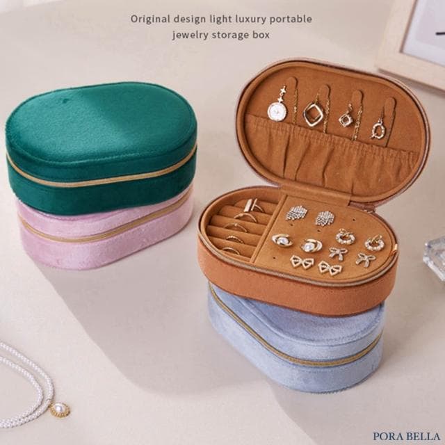 【Porabella】絨布橢圓首飾盒 便攜式絨布飾品收納盒｜單層拉鍊設計｜耳環戒指項鍊收納｜質感禮物首選