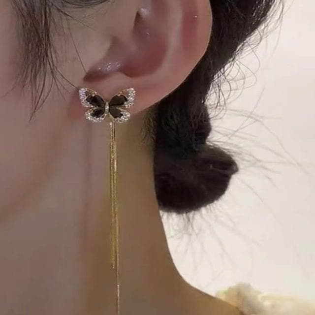 {遇見臻品}BG141黑蝴蝶水晶耳環一款兩戴長款流蘇顯臉瘦耳環銀針復古港風中式古風流蘇耳環女宮廷耳環國風耳鉤漢服耳墜耳飾