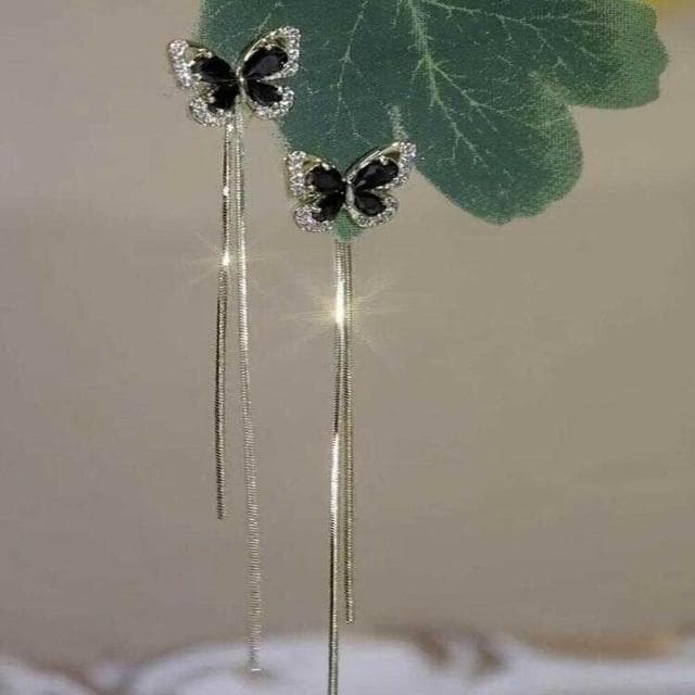 {遇見臻品}BG141黑蝴蝶水晶耳環一款兩戴長款流蘇顯臉瘦耳環銀針復古港風中式古風流蘇耳環女宮廷耳環國風耳鉤漢服耳墜耳飾