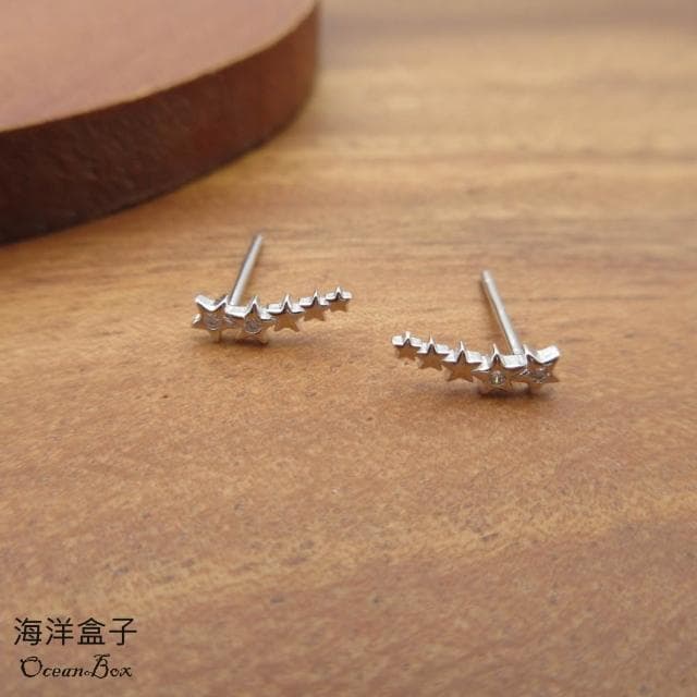 【海洋盒子】閃耀清冷排列鑲鑽微笑流星S925純銀耳環.貼耳耳環.外鍍專櫃級正白K
