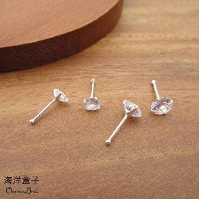 【海洋盒子】4mm/5mm。簡約亮眼百搭圓鋯S999純銀耳環.免後扣.貼耳耳環