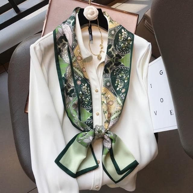 梵花 百搭綠色叢林模擬絲絲巾女長條領巾綁包包飄帶細窄圍巾