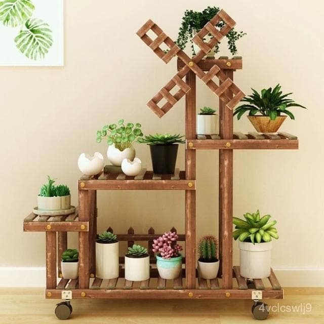 居家裝飾花架 風車造型植物架 帶輪可移動盆栽架 陽臺置物架 綠蘿實木質花架 客廳室內多肉花架子 多層特價吊蘭花盆架 鞋架
