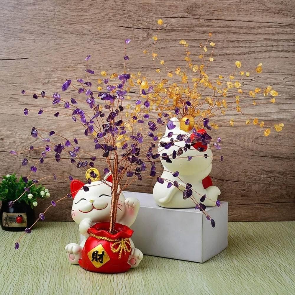 【A&R】開運水晶樹 招財貓貓福袋款(紫水晶 黃水晶 開業 喬遷 風水 搖錢樹 招桃花 好人緣 聚財 交換禮物)