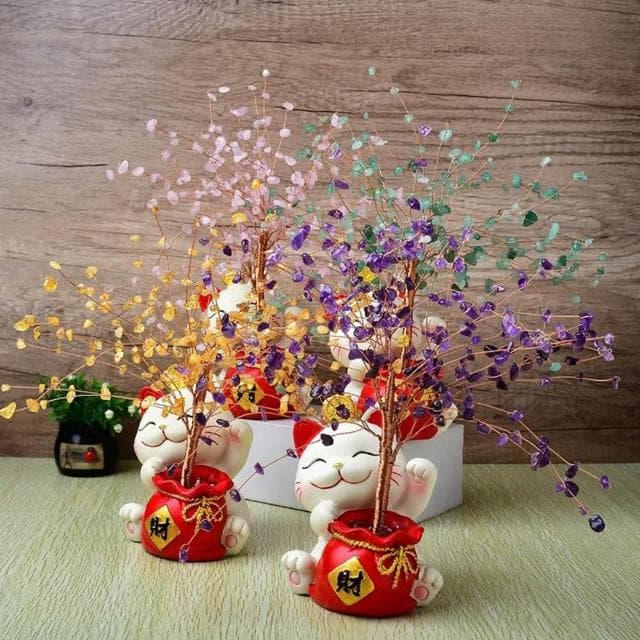 【A&R】開運水晶樹 招財貓貓福袋款(紫水晶 黃水晶 開業 喬遷 風水 搖錢樹 招桃花 好人緣 聚財 交換禮物)