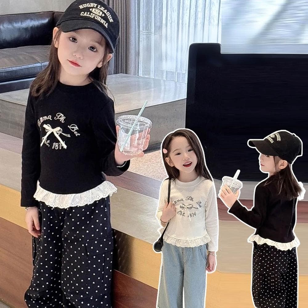 【Arbea】【Arbea】女童長袖T恤衫春夏新款女兒蕾絲拼接洋氣百搭圓領上衣童裝【C1242】