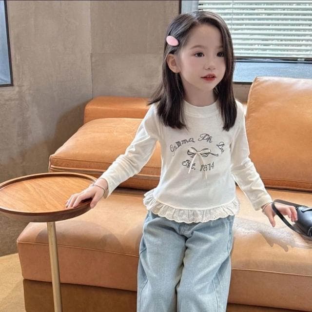 【Arbea】【Arbea】女童長袖T恤衫春夏新款女兒蕾絲拼接洋氣百搭圓領上衣童裝【C1242】