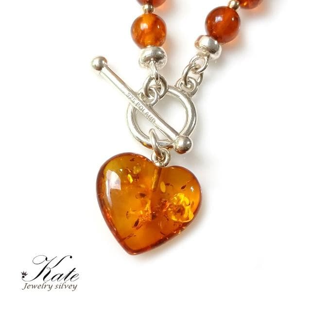 【KATE】銀飾 優雅愛心波蘭天然琥珀純銀手鍊 T扣設計 愛心手鍊 波羅的海琥珀 安神定魄 生日禮物情人禮物