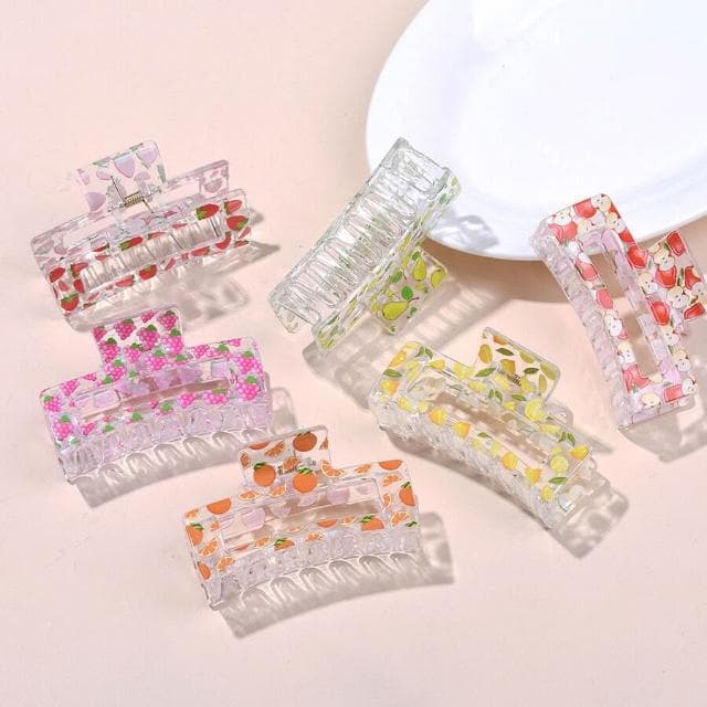 買一送一（共2入組）鯊魚夾女髮夾碎花水果抓夾少女甜美草莓後腦勺盤發抓夾套裝發飾( 聖誕節 生日 髮飾 頭飾 髮夾 禮物)