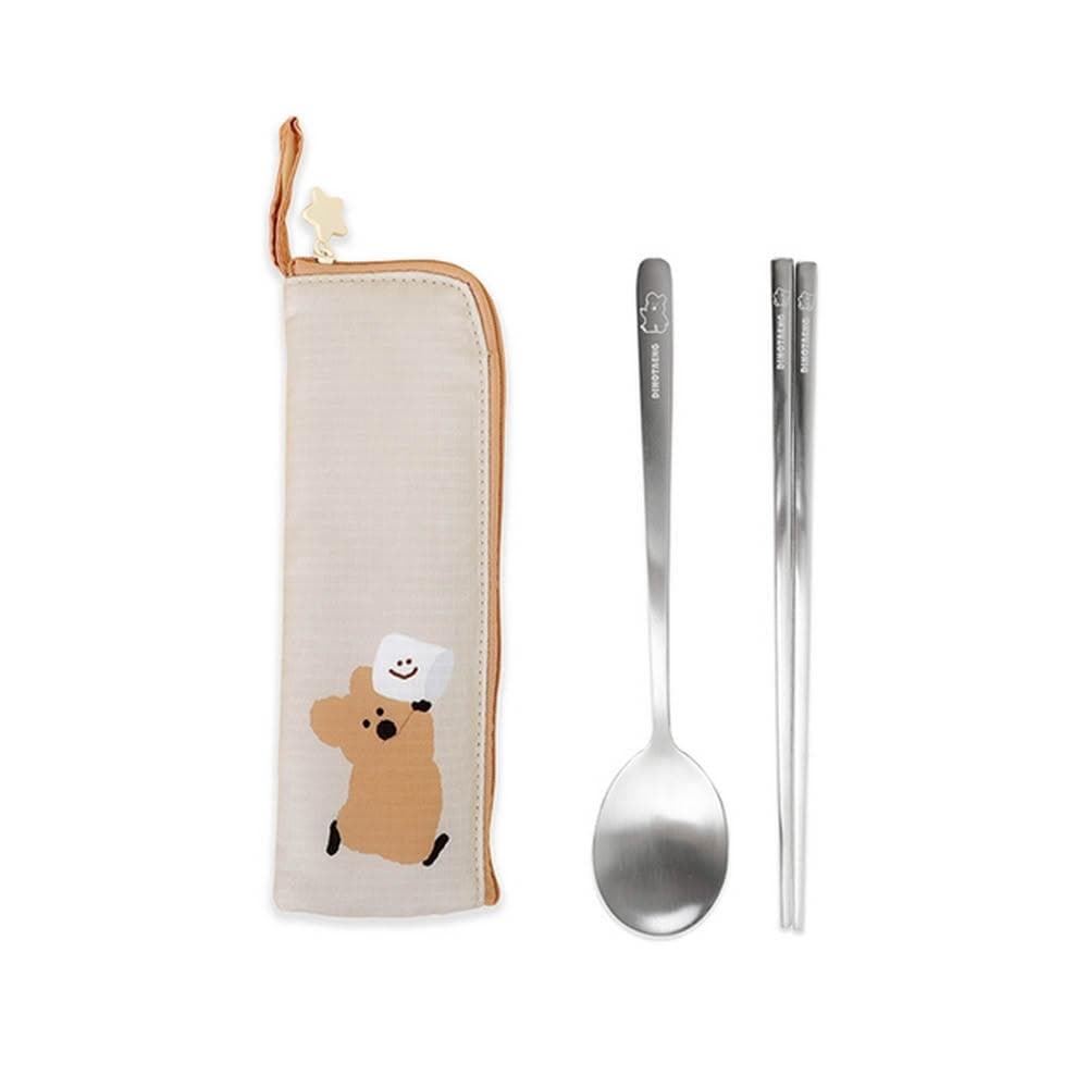 【Norns】DINOTAENG不鏽鋼隨行餐具組 - 呆萌町湯匙筷子收納袋組