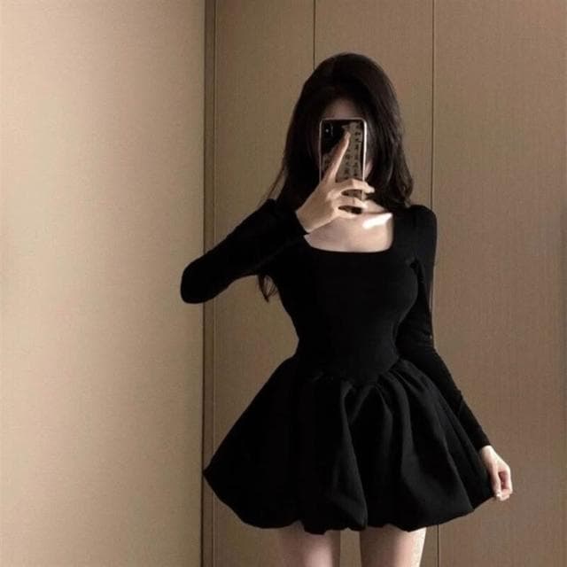 連衣裙女短裙蓬蓬裙法式小香風富家千金感花苞連衣裙女春秋小黑裙生日小禮裙公主蓬蓬短裙洋裝裙子名媛風約會氣質小眾設計感短裙女
