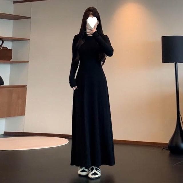 連衣裙女長裙洋裝裙子法式長袖圓領黑色連衣裙子女春秋季2025新款A字裙氣質內搭打底長裙約會生日氣質高級感收腰長款裙子女