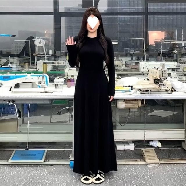 連衣裙女長裙洋裝裙子法式長袖圓領黑色連衣裙子女春秋季2025新款A字裙氣質內搭打底長裙約會生日氣質高級感收腰長款裙子女