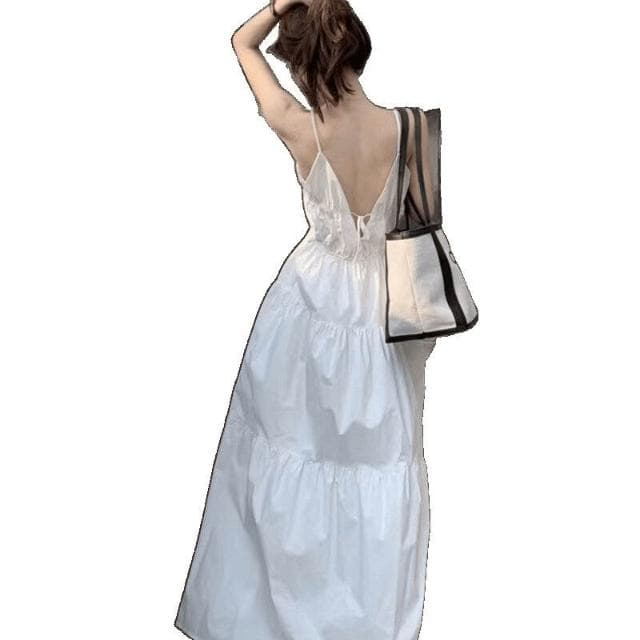 連衣裙女吊帶裙長裙女2025新款法式白色仙女裙吊帶裙海邊度假連衣裙女顯瘦夏季裙子小眾氣質長裙洋裝裙子約會生日優雅長裙女