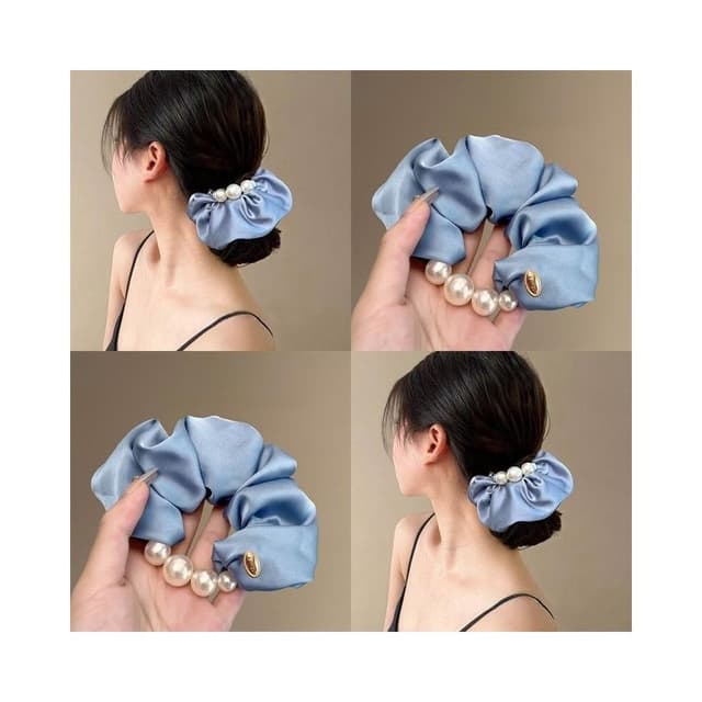 大腸圈ins韓系髮圈漫仙女奶油海藍~韓版緞面珍珠邊氣質溫柔低馬尾高級感旅行皮筋 髮飾髮圈(七夕 情人節 生日 髮飾 ） 