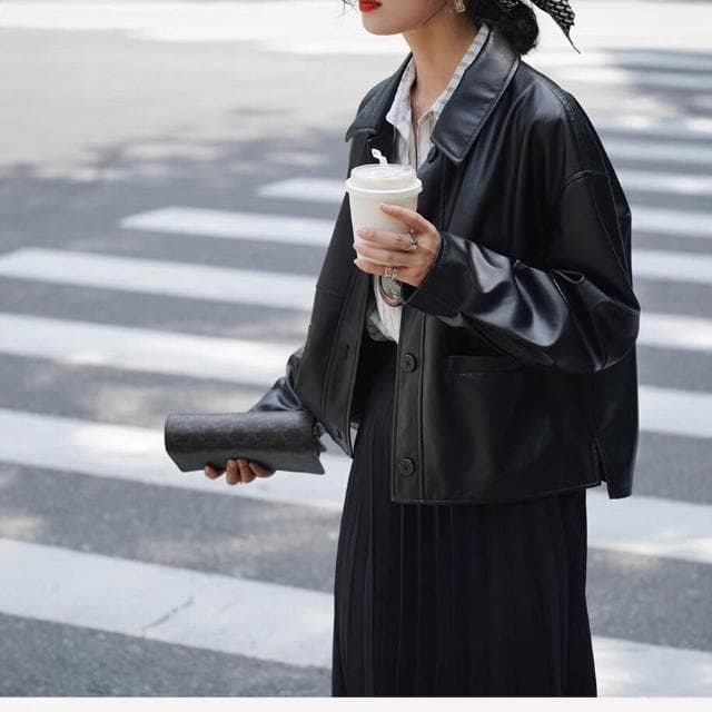 法式黑色皮衣女寬松短款小個子皮夾克外套女 翻領皮夾克外套大衣 純色寬鬆外套上衣開衫 法式通勤氣質優雅風外搭 七夕生日禮物