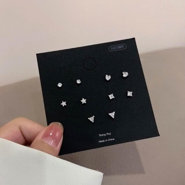 S925銀針超閃愛心五角星鑽石5對套組(S925、銀針、鑽石、套組、耳針、耳釘)