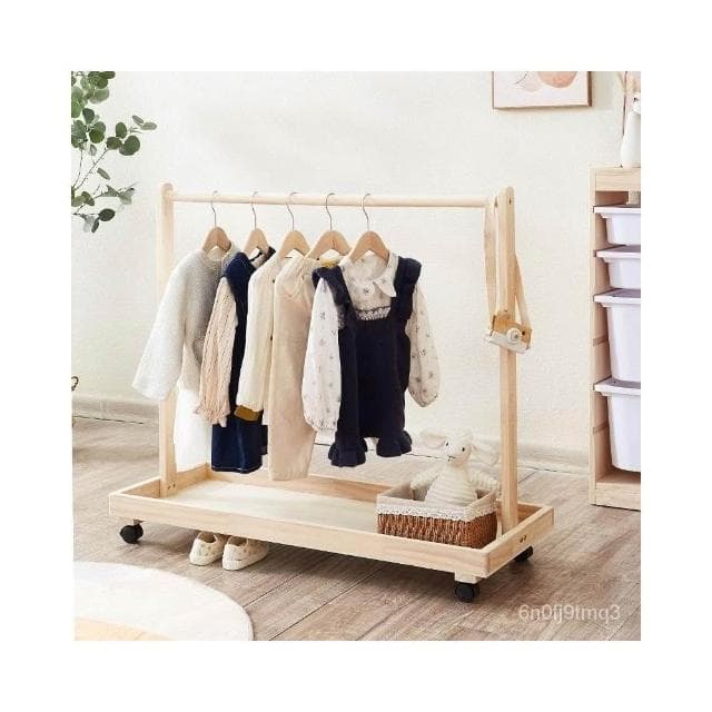 衣架輪滑收納落地式放衣服架子嬰兒實木儲物掛衣架